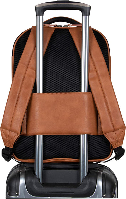 on Track Pack Vegan Leather Tablet Bookbag Anti-Theft RFID, Work, & Travel, Cognac, 15.6" Laptop Backpack